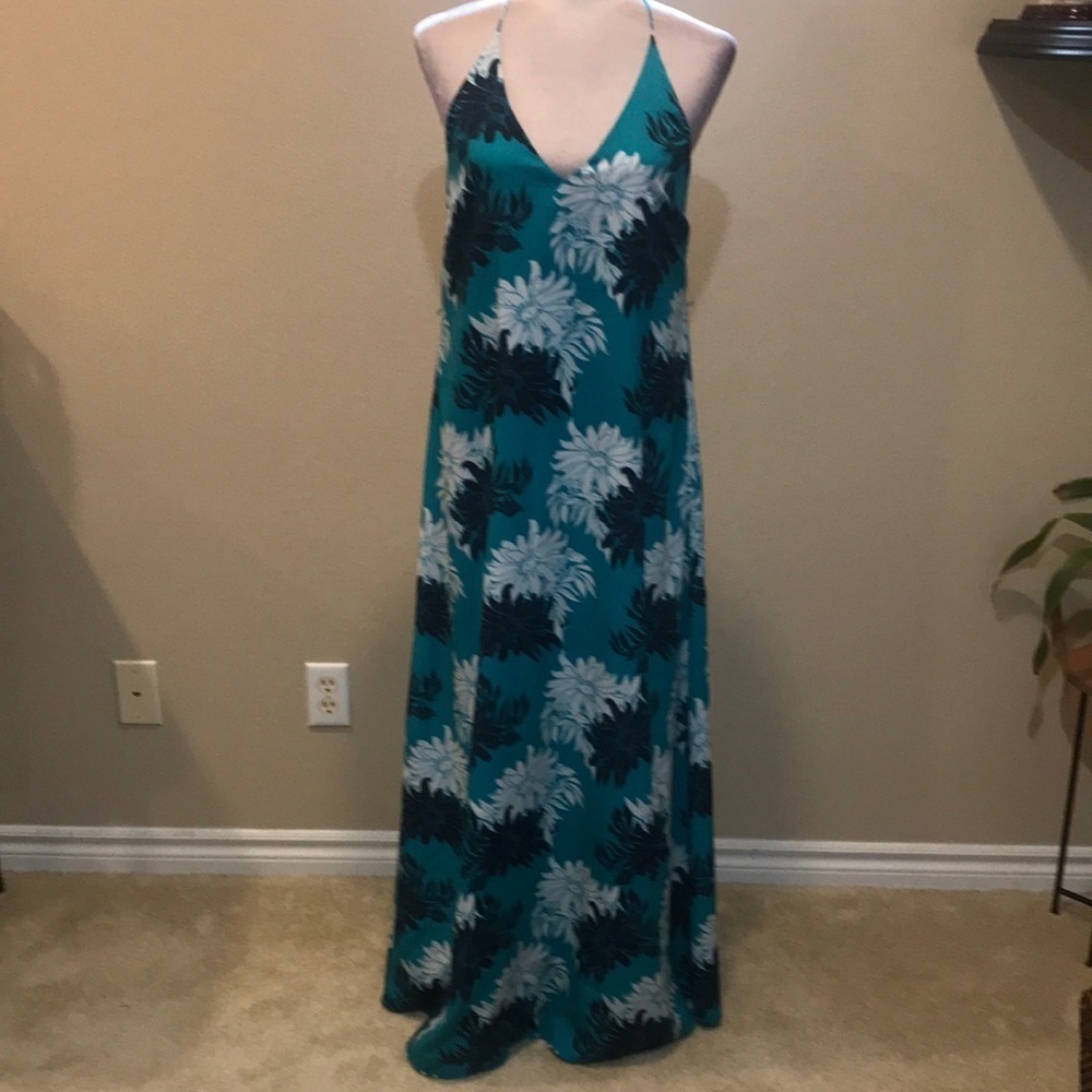 Ann Taylor Loft Teal Floral Halter Spaghetti Strap A-Line Maxi Dress-Size 6